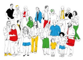 Illustration mit vielen unterschiedlichen Menschen, unterschiedlicher Herkunft und Religion symbolisiert eine pluralistische und offene Gesellschaft.