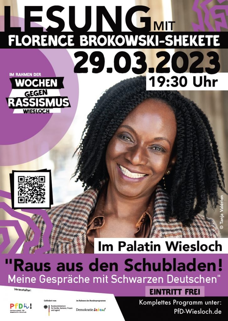 Plakat Lesung Florence Borowski-Shekete am 29.03.2023 im Rahmen der "Internationale Wochen gegen Rassismus" 2023
